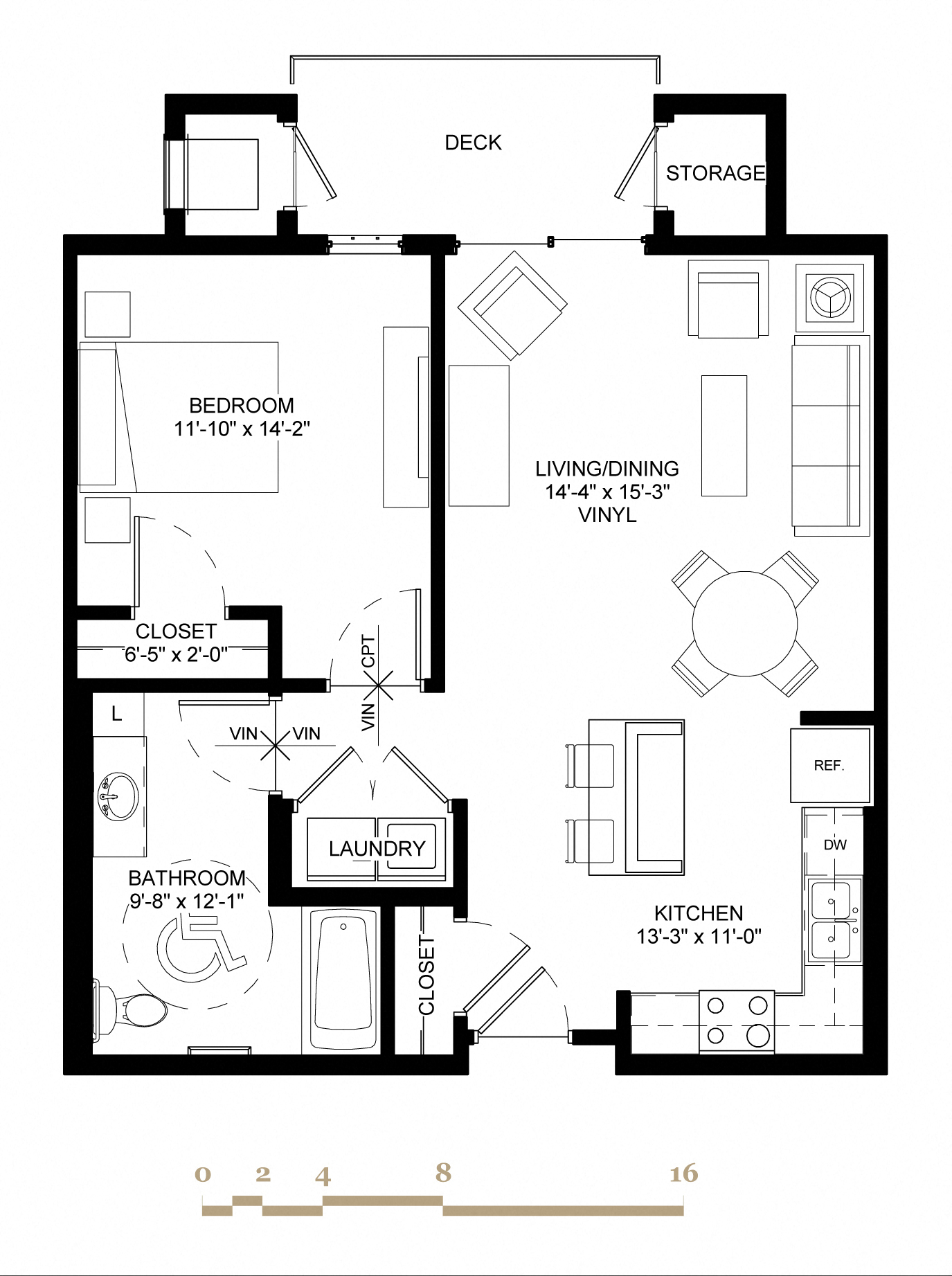 Floor plan for 1 bed, 1 bath, 800 sqft